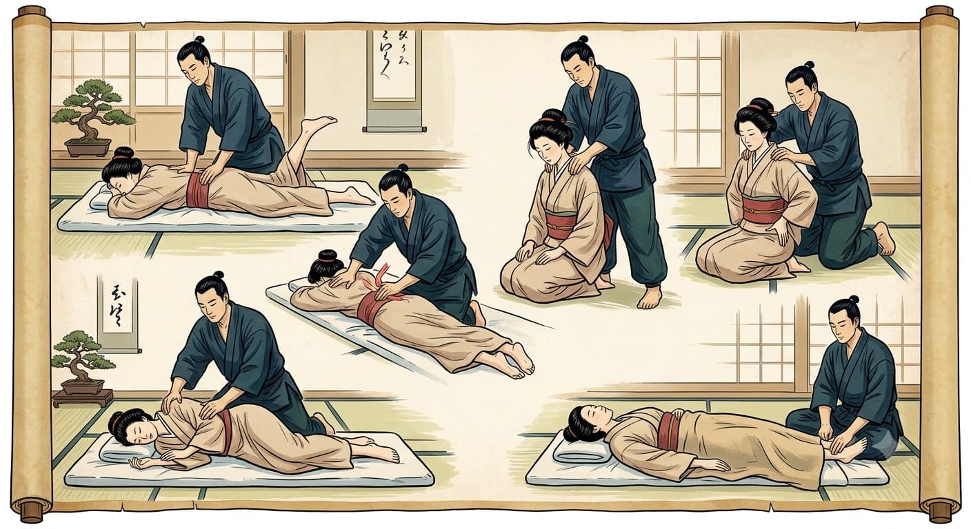 Ilustrasi teknik terapi Yumeiho dalam gaya gulungan Jepang klasik